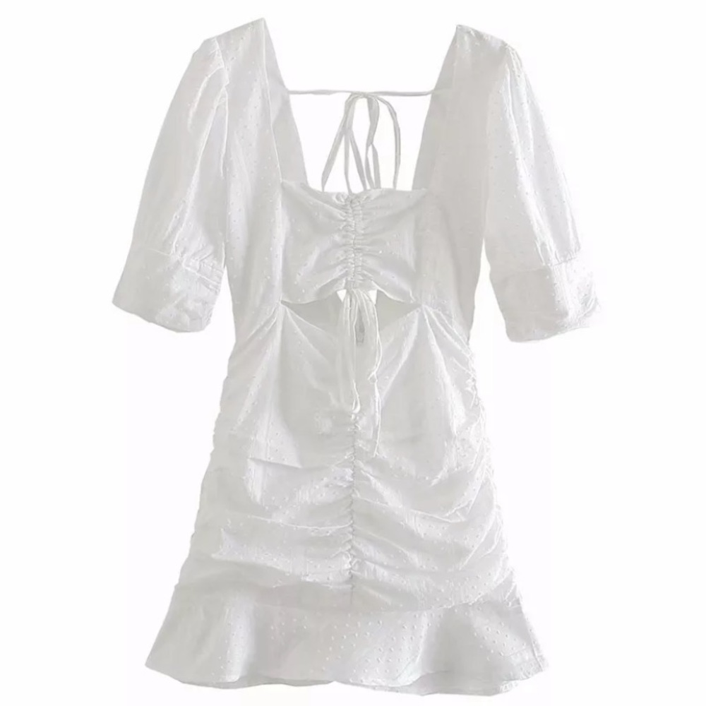 SOLD OUT CLEARANCE White Ruffle Swiss Dot Keyhole Mini Dress - Picture 5 of 10